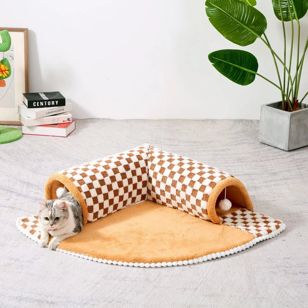 XL fan-shaped plush pet bed tunnel with a plaid pattern, shown in coffee colour.