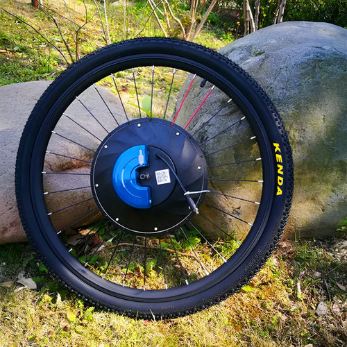 Yunzhilun 26-inch bicycle electric conversion kit showing hub motor wheel, lithium battery pack, and charger.