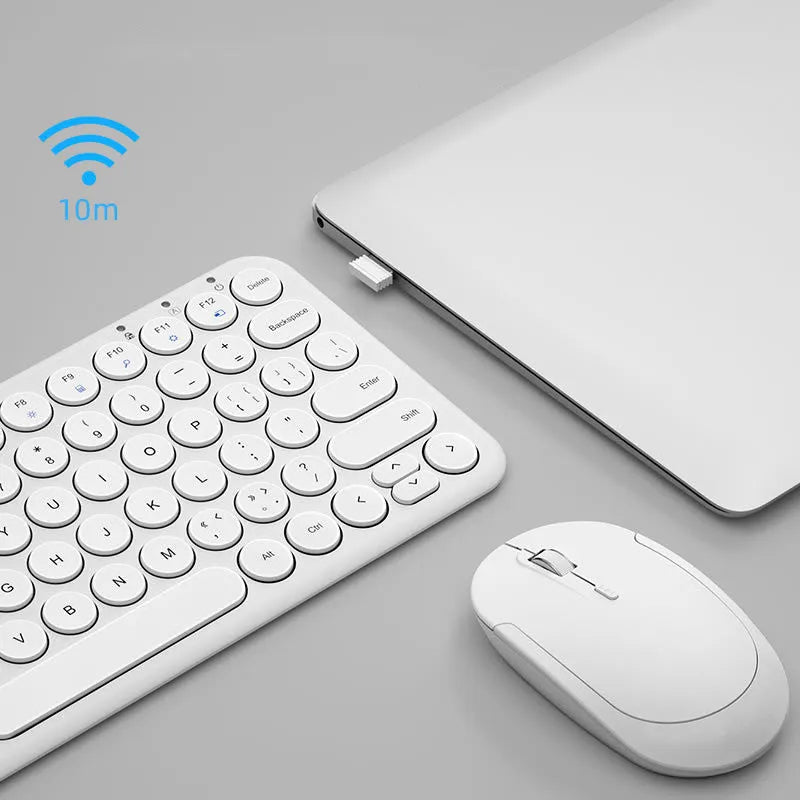 Mute white ultra-thin wireless keyboard and mouse with tiny USB receiver on a wooden desk
