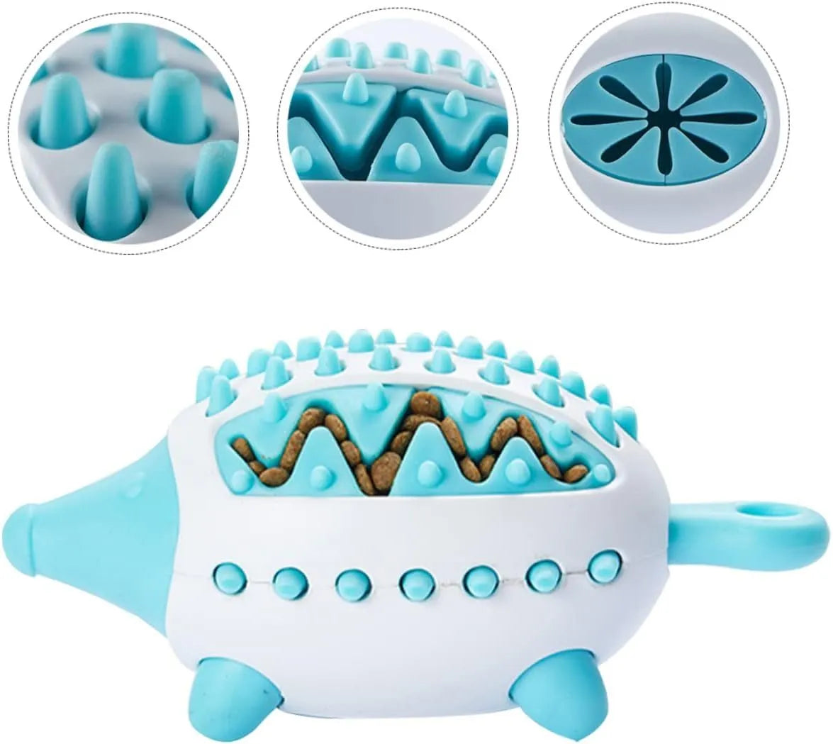 Blue wear-resistant treat dispensing dog toy with squeaky ball on white background
