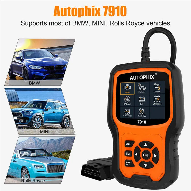 Autophix 7910 automotive diagnostic scanner for BMW vehicles with OBD2 connector.