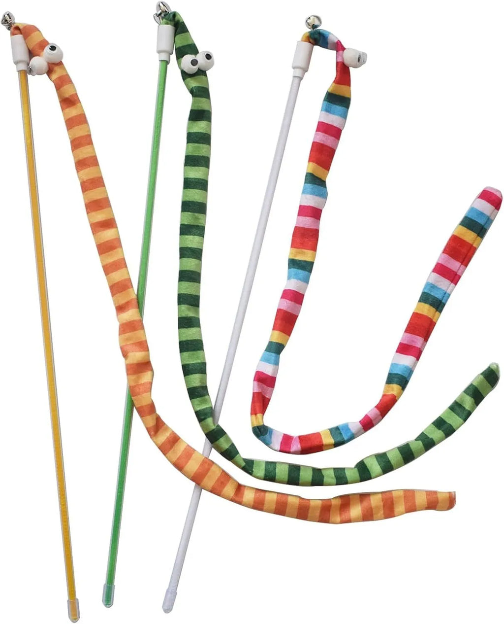 Cat wand teaser toy with long plush strip on a polycarbonate pole, shown in vibrant colours.