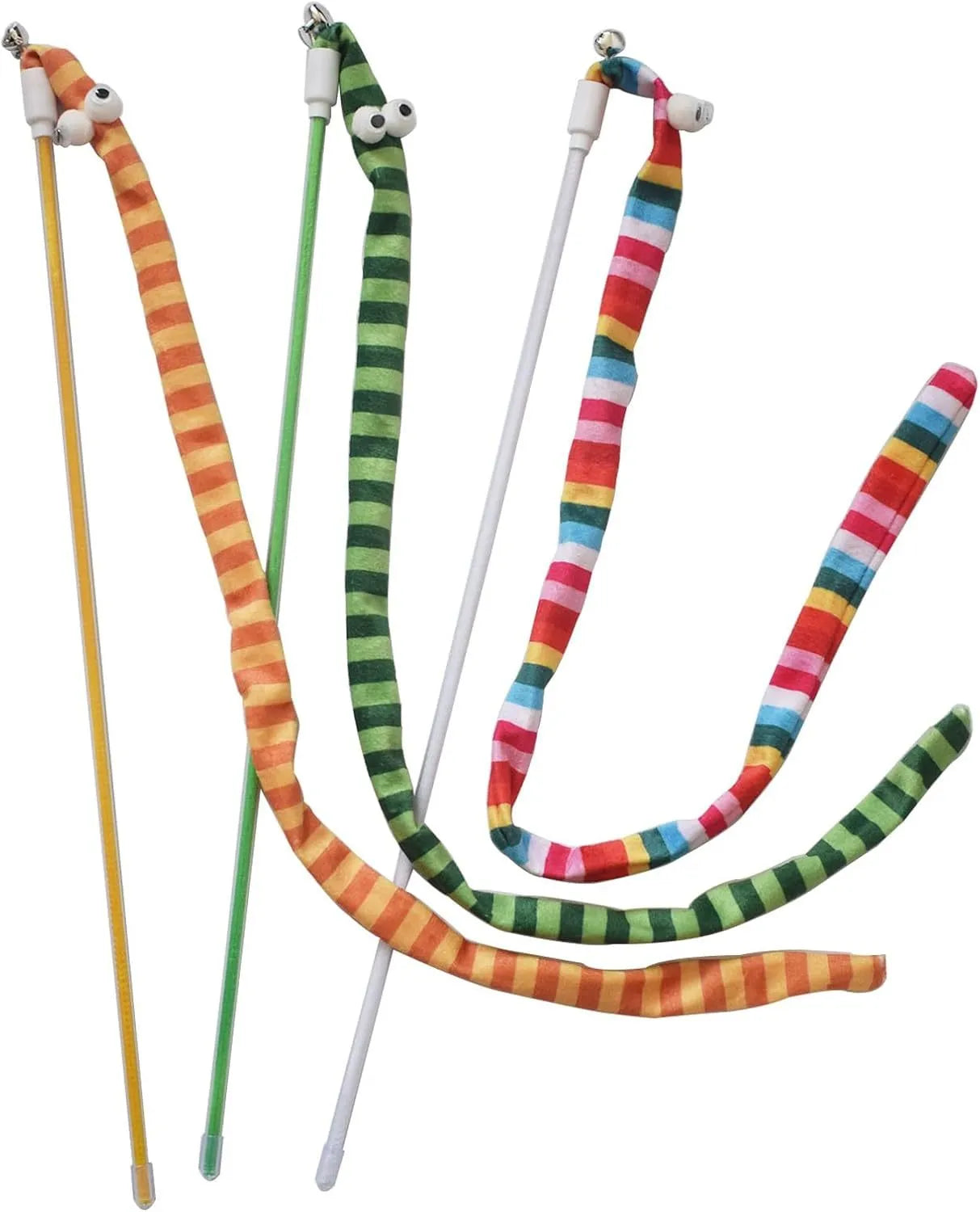 Cat wand teaser toy with long plush strip on a polycarbonate pole, shown in vibrant colours.