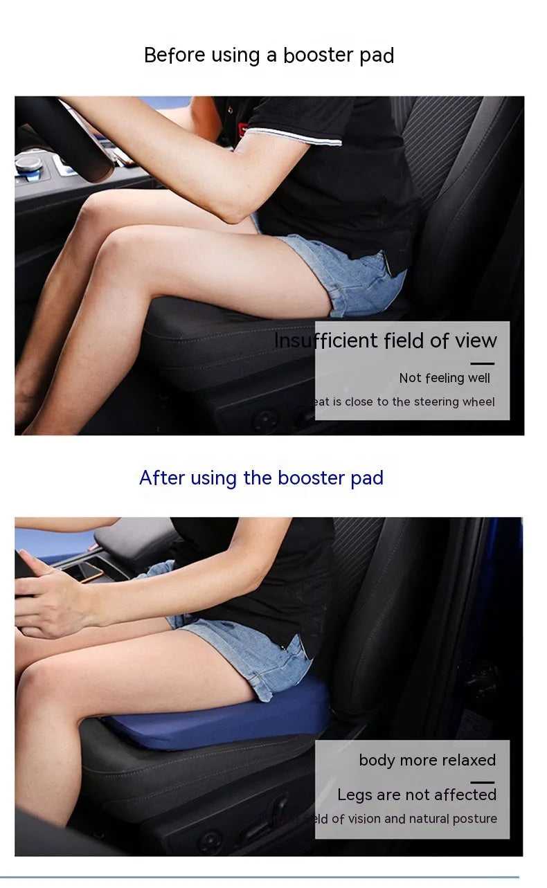 Black thick car seat cushion measuring 42cm by 39cm by 6cm for height and posture support.