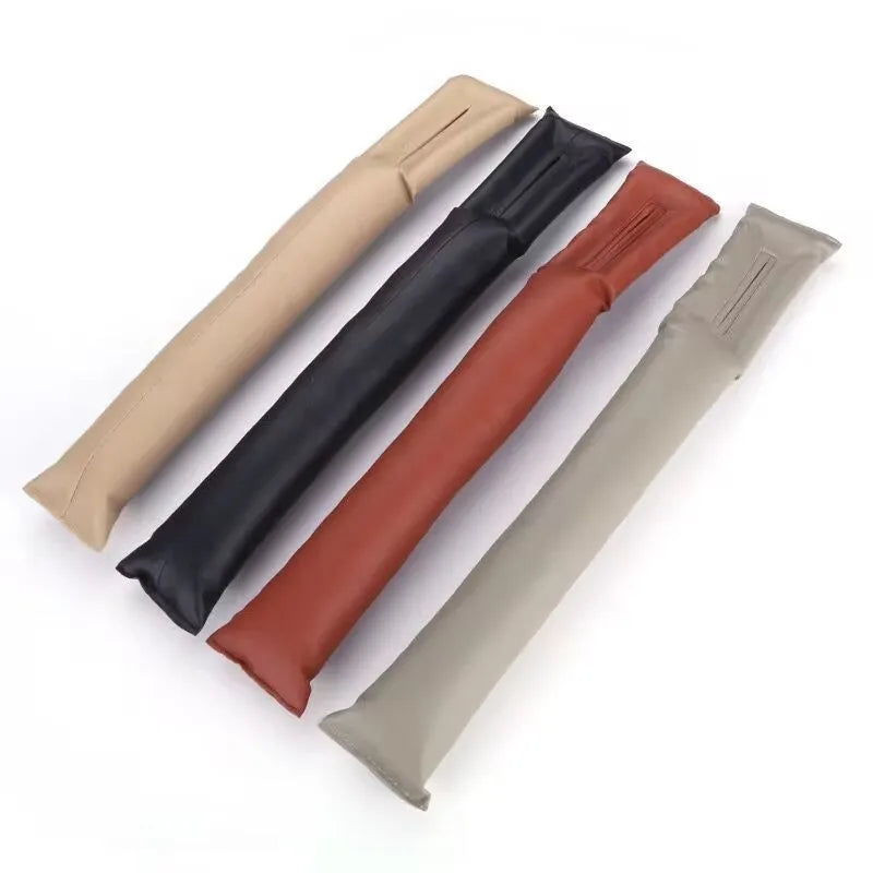 Leather-look PU car seat gap filler strip in black, beige, brown, and grey colours.