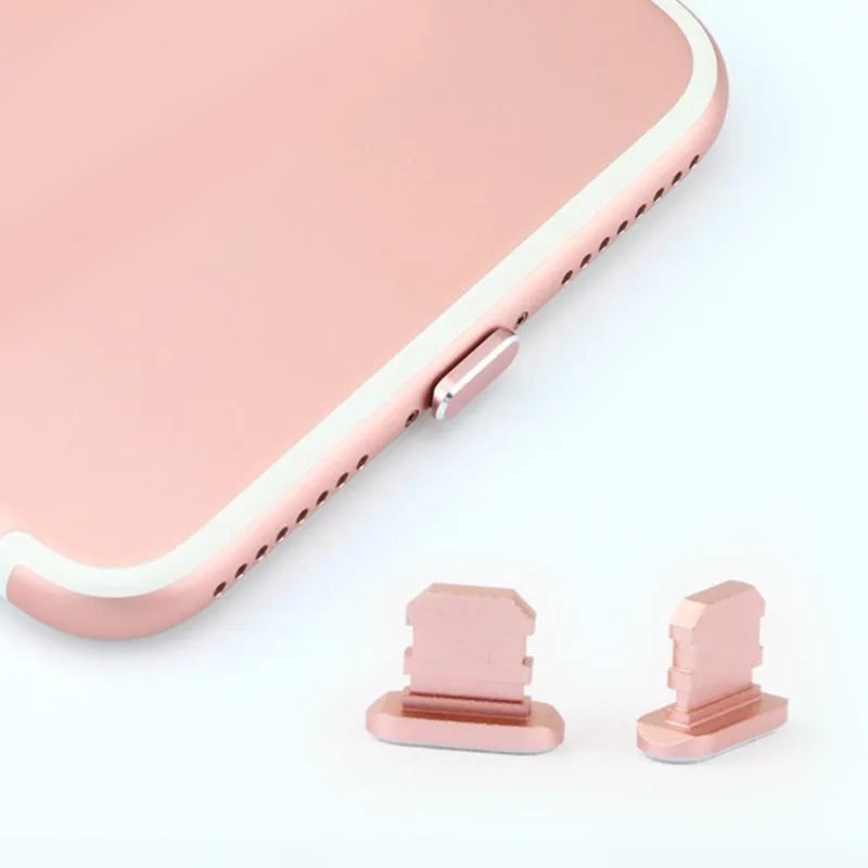 Aluminium alloy charging port dust plug for iPhone in various colours including gold, silver, blue, and black.