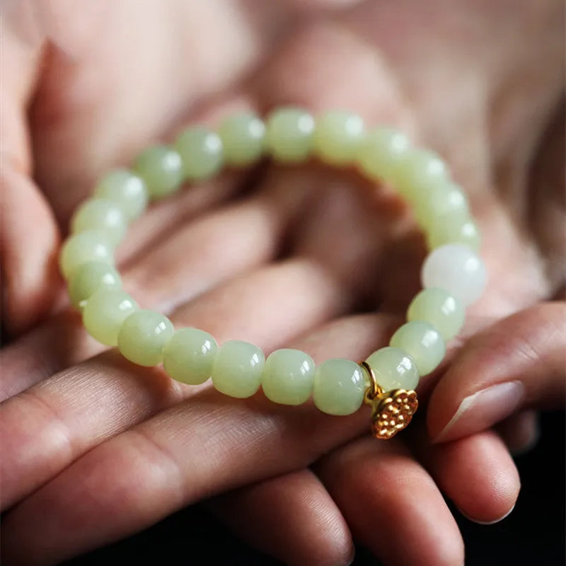 Green Hetian jade bracelet with vintage beads in ethnic style design for women