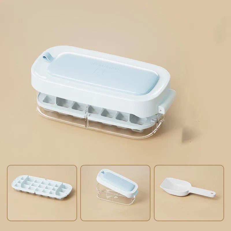 Food-grade high-capacity ice cube tray in blue with integrated storage for an ice shovel.