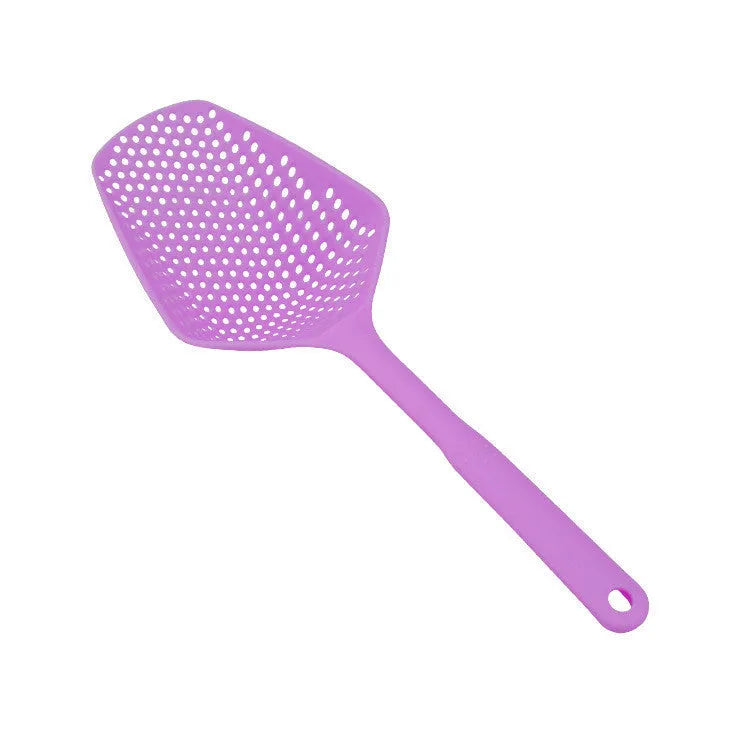 Nylon large scoop strainer colander in black for draining fried food from a pan