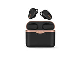 Black wireless Bluetooth headset with charging stand showing bilateral earbuds and Type-C charging port