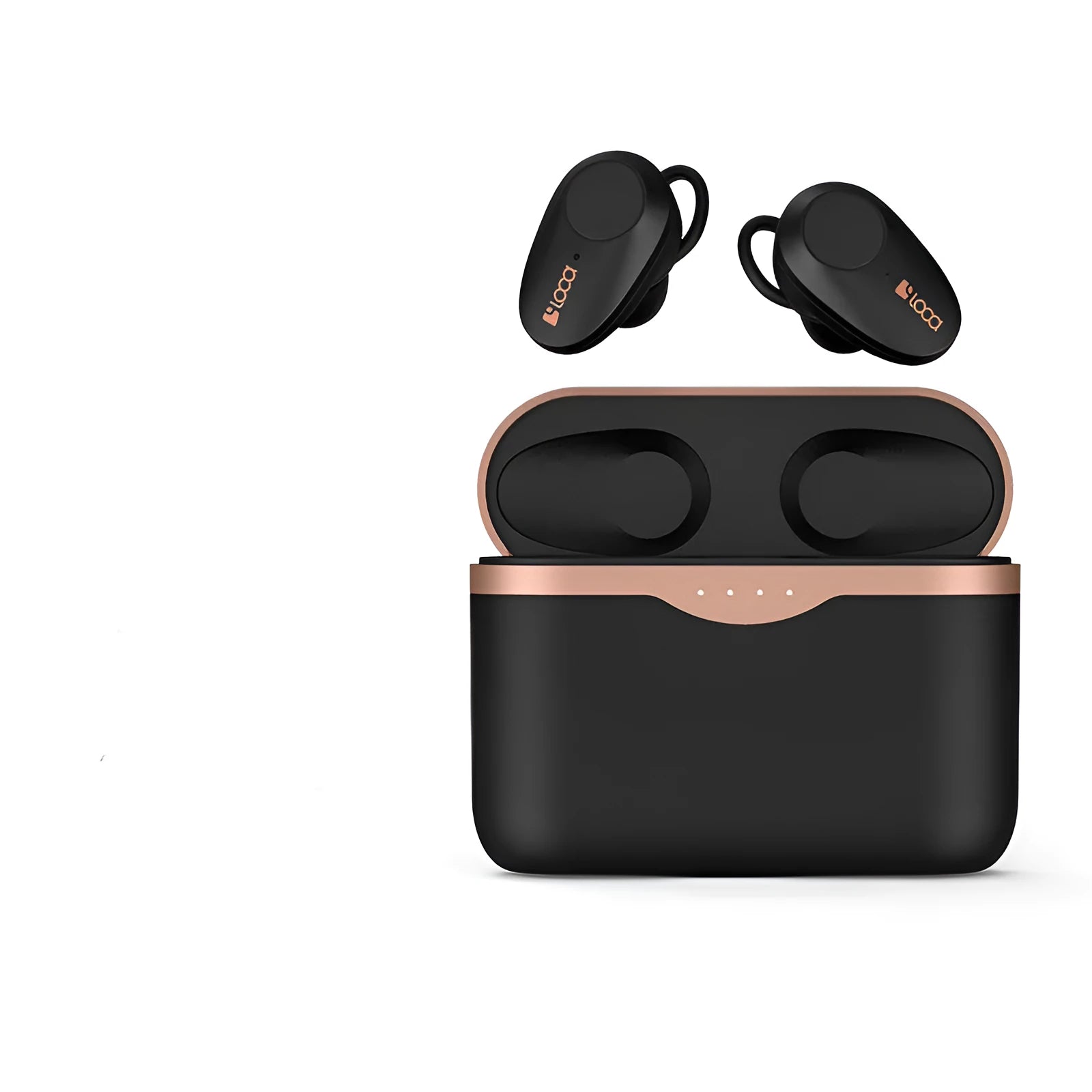 Black wireless Bluetooth headset with charging stand showing bilateral earbuds and Type-C charging port