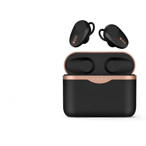 Black wireless Bluetooth headset with charging stand showing bilateral earbuds and Type-C charging port