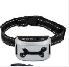 Black dog bark training collar with digital display, adjustable strap, and micro-USB charger.