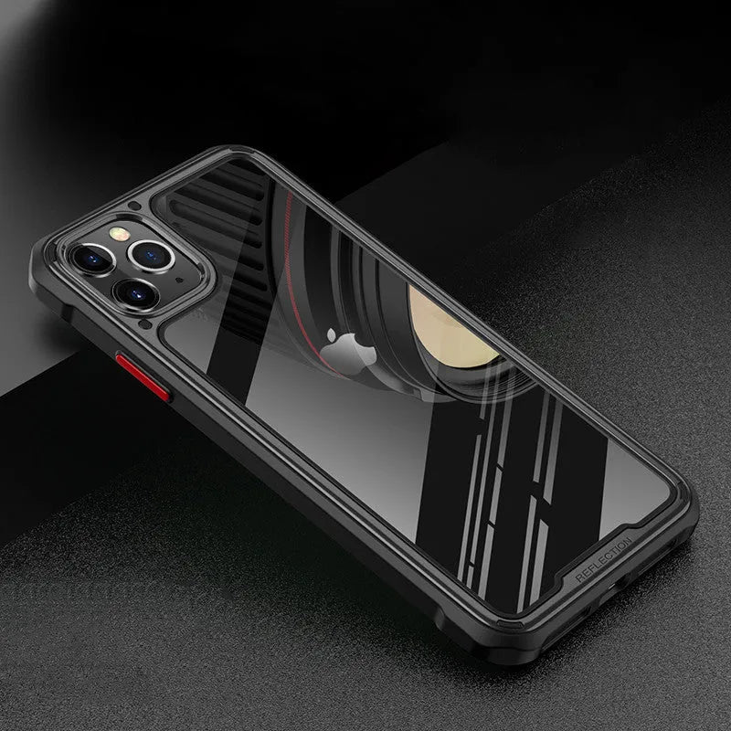 Clear transparent mobile phone case for iPhone 11 on a table.