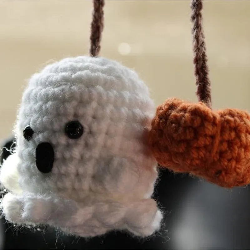 Polyester plush hand-woven cartoon automobile hanging ornament showing Halloween bat and ghost designs.