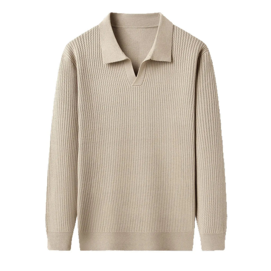 Man wearing a loose fit camel coloured casual pullover sweater.
