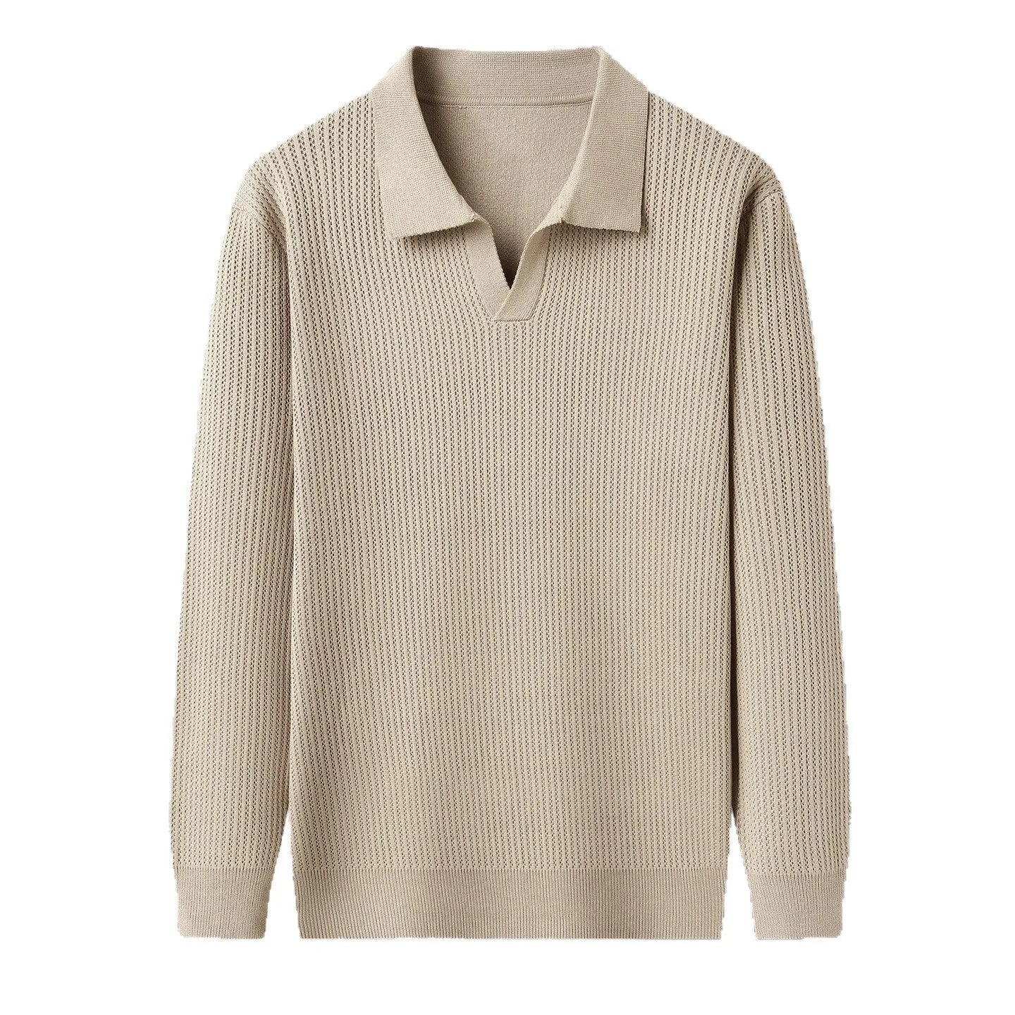 Man wearing a loose fit camel coloured casual pullover sweater.