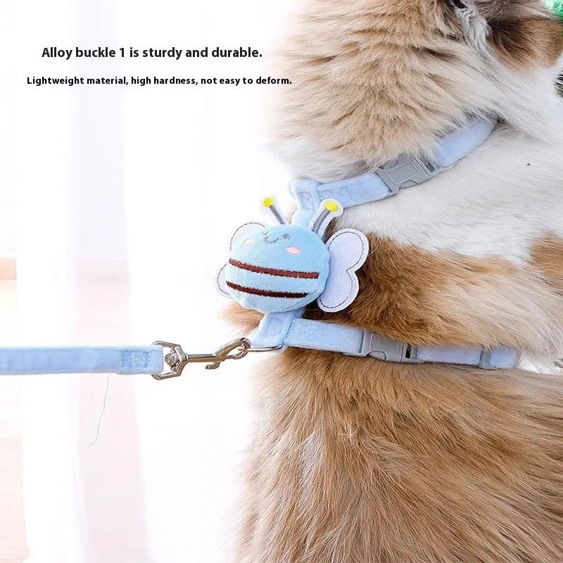 Bee-shaped adjustable cat harness and lead set in blue colour with polyester construction