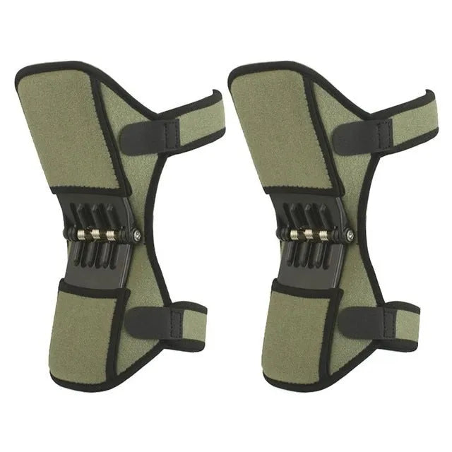 Adjustable spring knee brace support for mountaineering and sports, shown in black with breathable fabric.