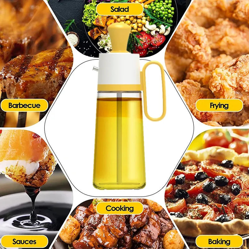 Transparent glass oil dispenser with silicone brush, stainless steel nozzle, in yellow, green, or brown.