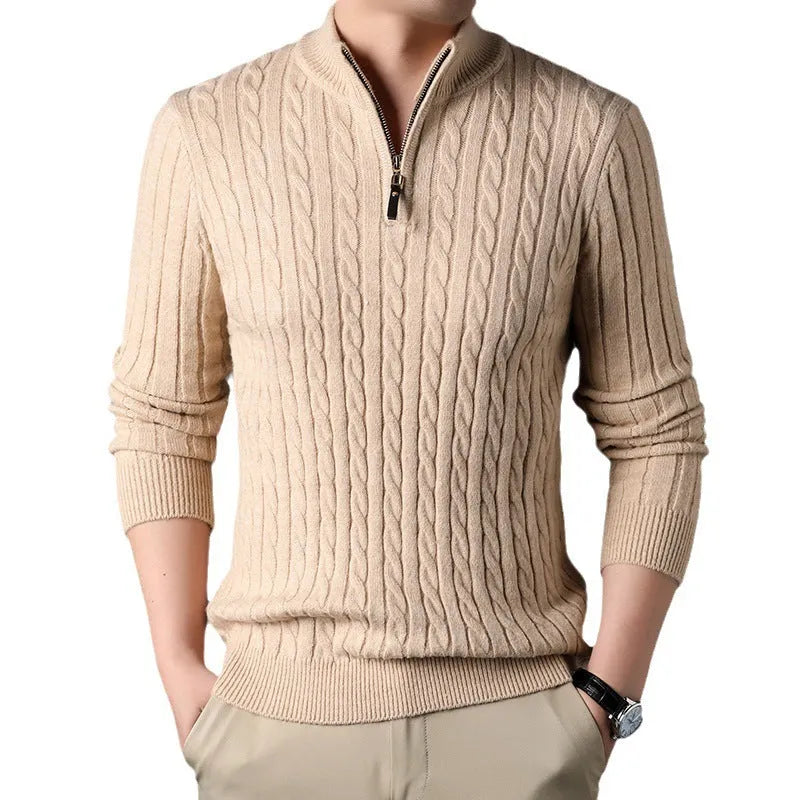 Eight loose men's casual cardigan sweater coat in M8511 apricot, thick polyester knit, slim fit, long sleeves, front view