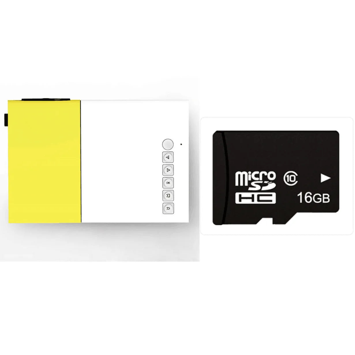 Yellow 1080p LED mini projector YG-300 with HDMI, USB, and TF card slots for portable home cinema