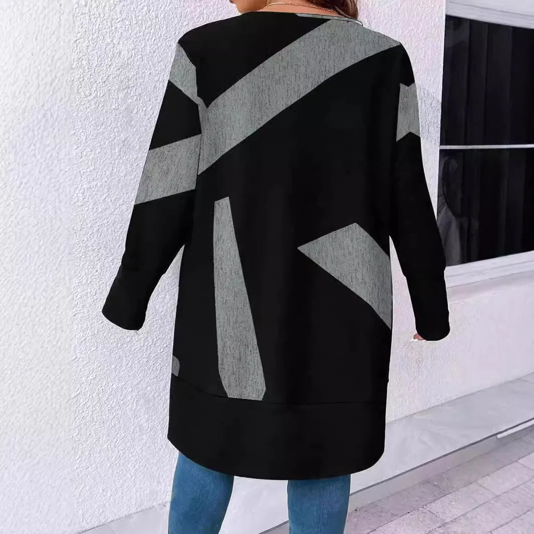 Black loose fit plus size cardigan with button front and printed stitching detail