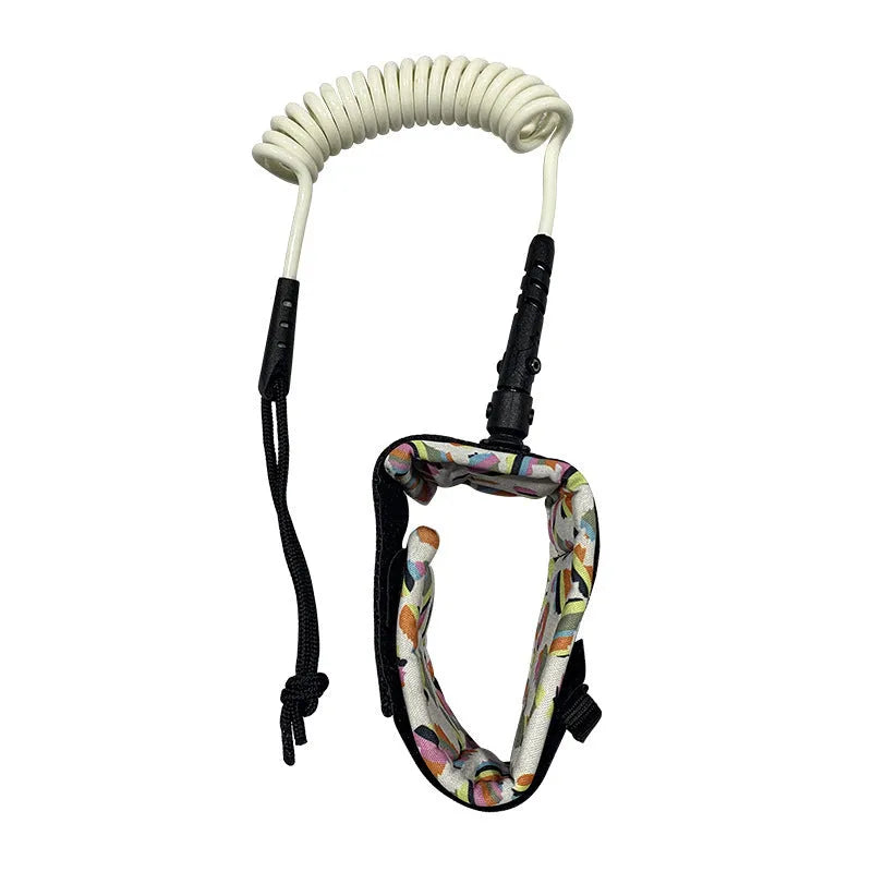 Surfboard hand holding rope made from high elasticity pulp material on a white background.
