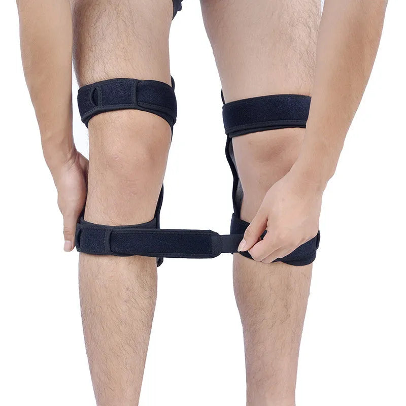 Adjustable spring knee brace support for mountaineering and sports, shown in black with breathable fabric.