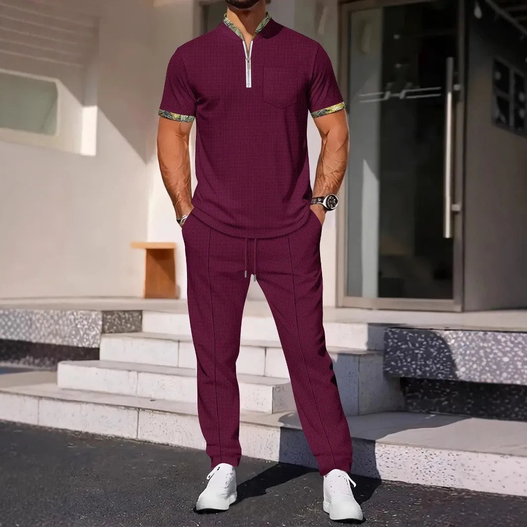 Men's colour matching casual sports suit in polyester fibre, short sleeve top and trousers, available in six colours