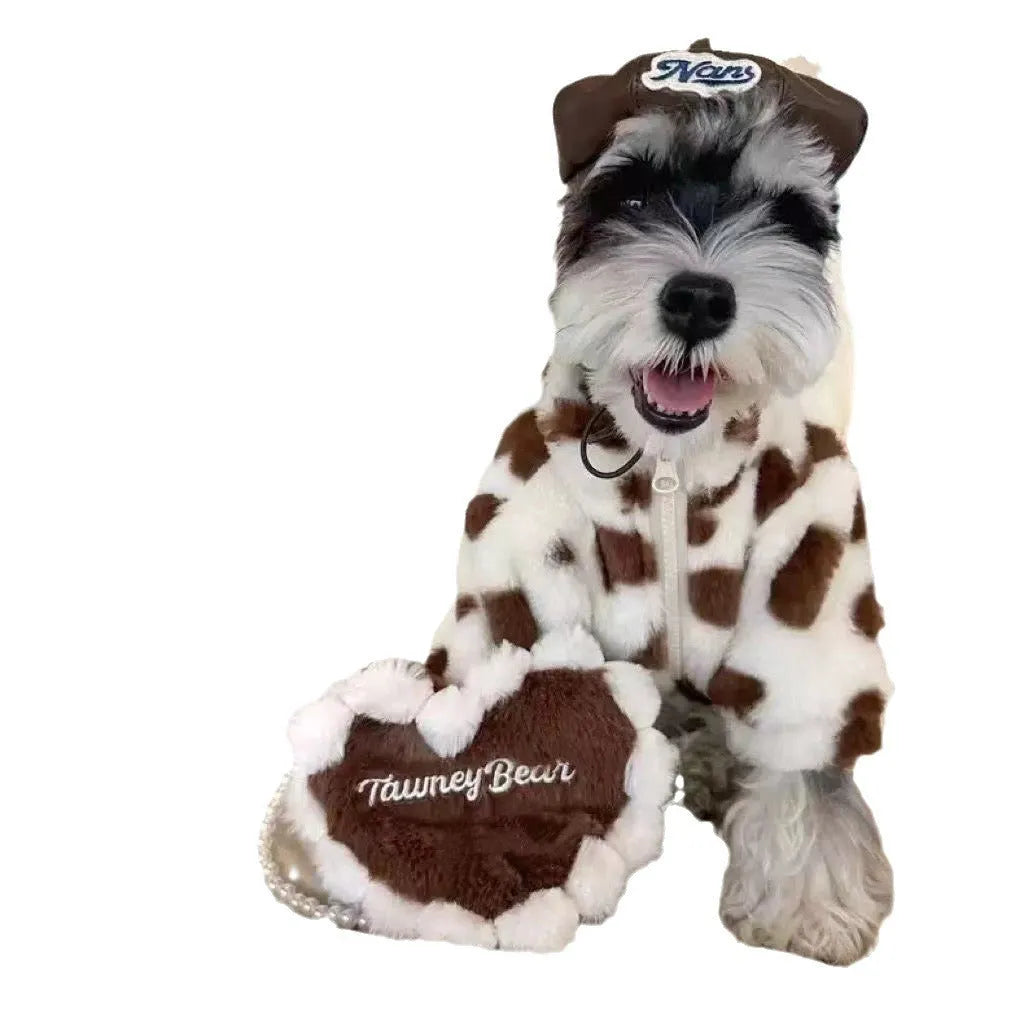 Polyester plush warm coat for small dogs in pink and brown colours with British style design