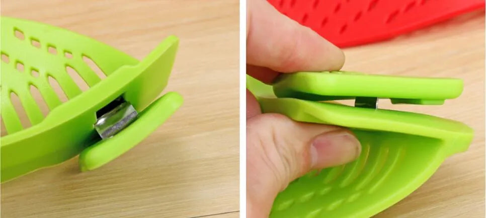 Silicone clip-on funnel strainer attached to a pot rim for draining liquids.