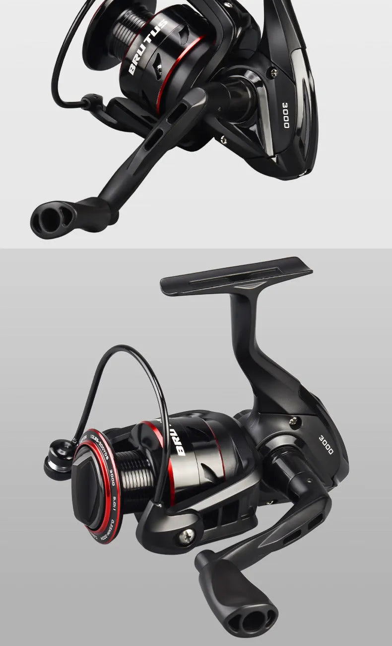 All metal spinning fishing reel and collapsed telescopic fishing rod combo on a background.