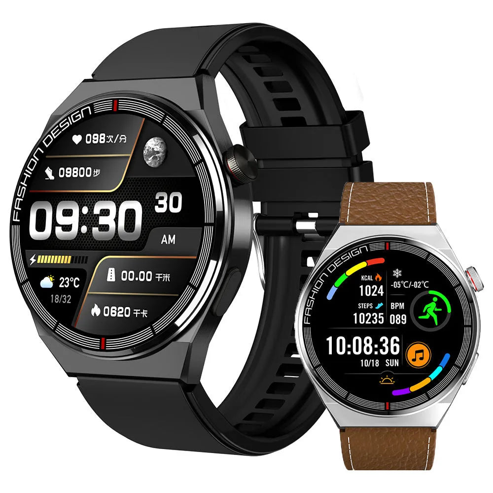 Black smartwatch with silicone strap showing heart rate and step count on its 1.28-inch screen.