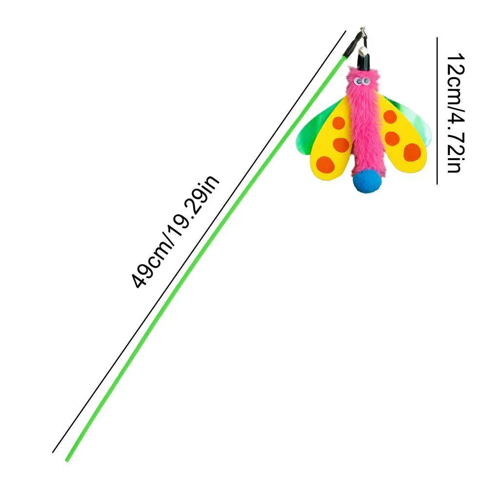 Cat wand toy with dragonfly attachment and bell on 49cm ABS plastic stick