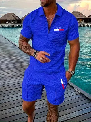 Men's casual retro plaid beach suit set with Paris heat transfer patch short sleeve T-shirt and shorts in multiple colours