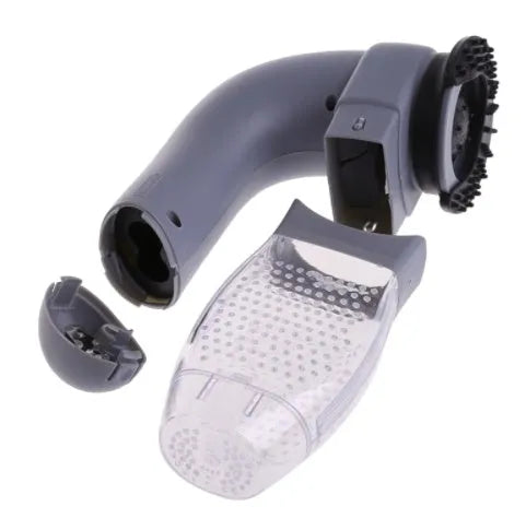 Grey portable electric pet hair removal vacuum with soft rubber grooming head.