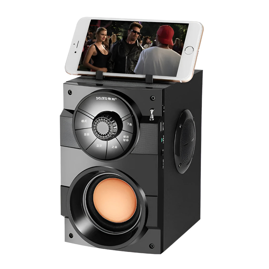 Black portable audio system with subwoofer and satellite speakers, USB cable and 1.2m audio connection cable
