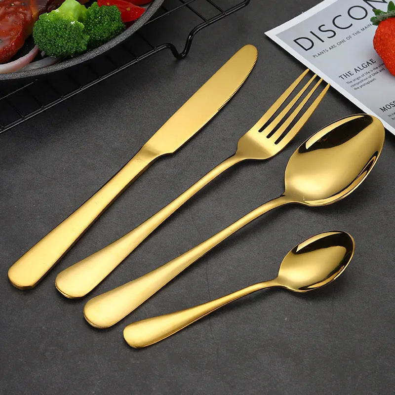 24-piece stainless steel cutlery set in a choice of colours including black, gold, and rose gold.