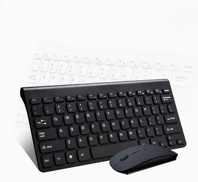 Black wireless keyboard and mouse set with USB receiver on wooden desk