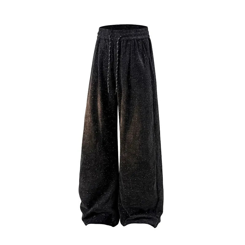 Man's straight-leg fleece-lined casual trousers in lightweight grey fabric with an elastic waistband.