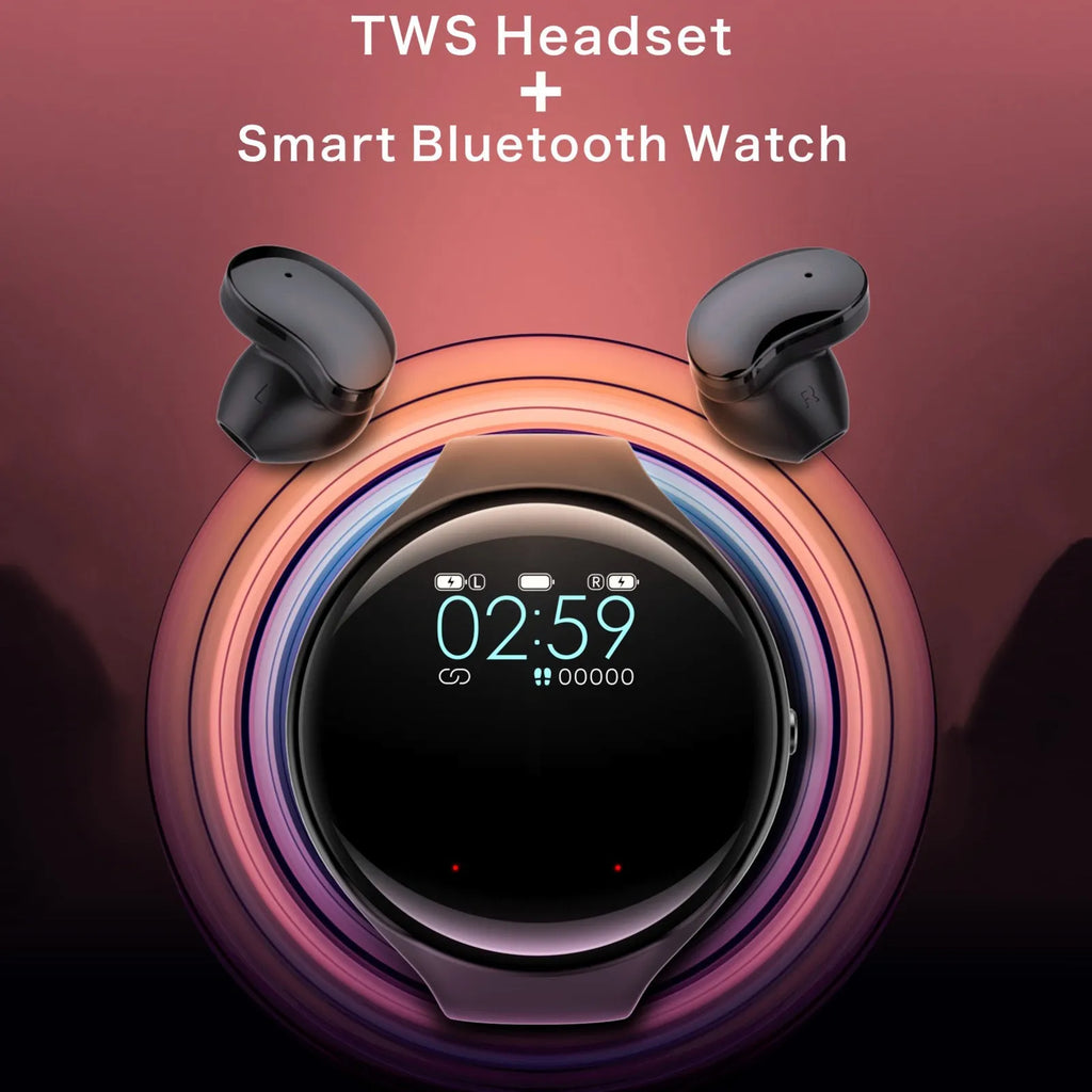 Black smart fitness bracelet with detachable TWS Bluetooth earbuds on a wrist, showing colour screen.
