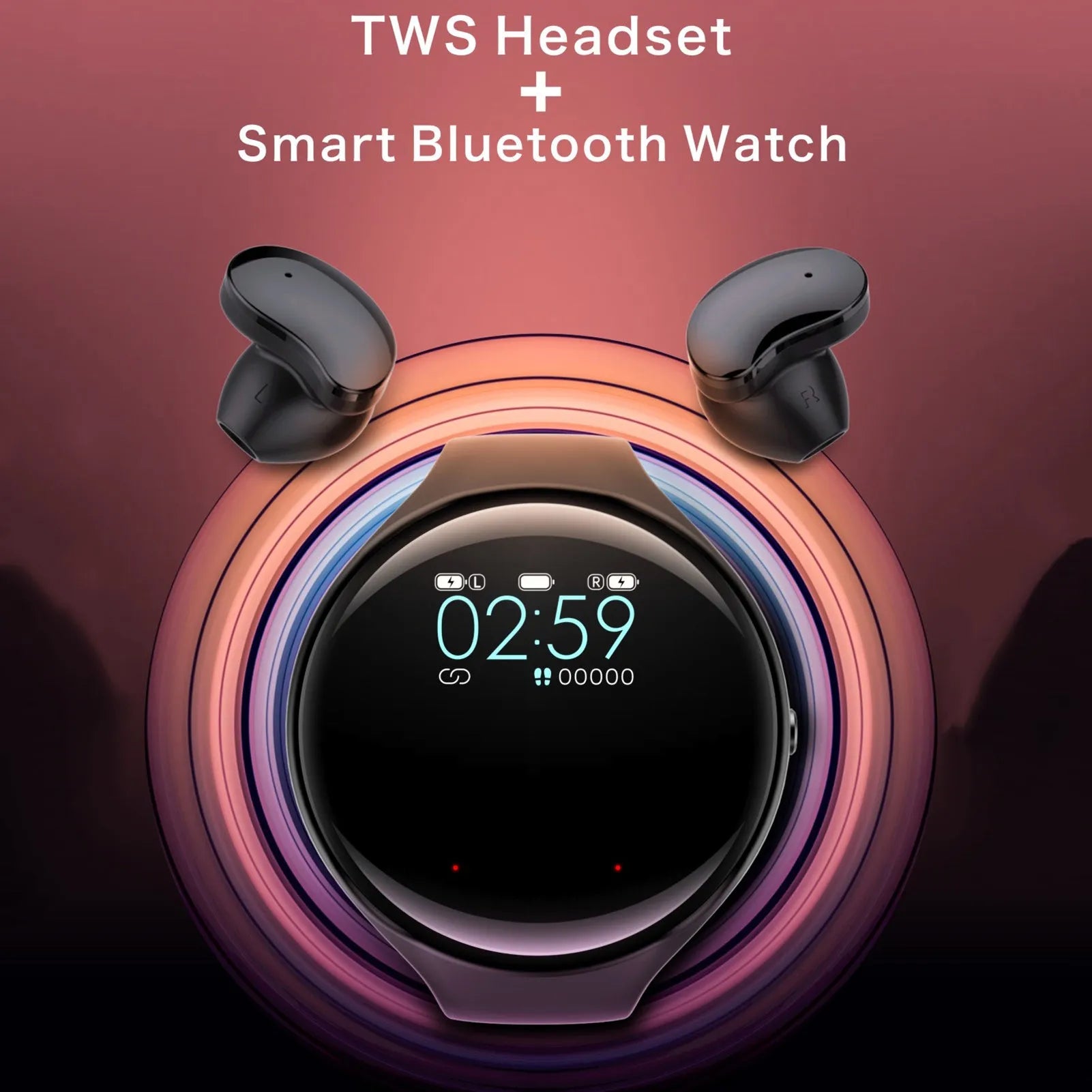 Black smart fitness bracelet with detachable TWS Bluetooth earbuds on a wrist, showing colour screen.