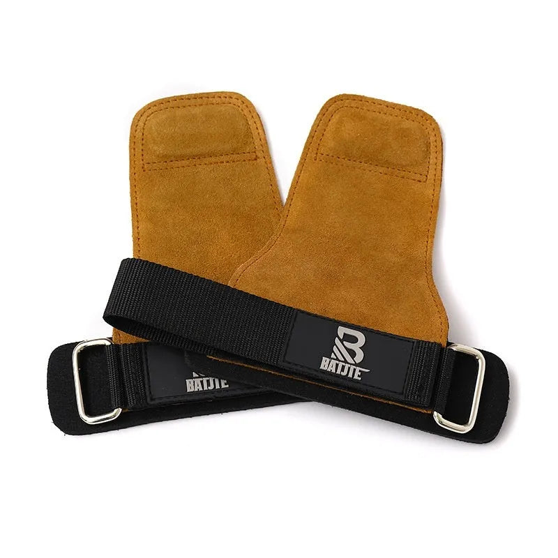 A pair of brown grip strength wrist bands for pull-up and fitness hand protection.