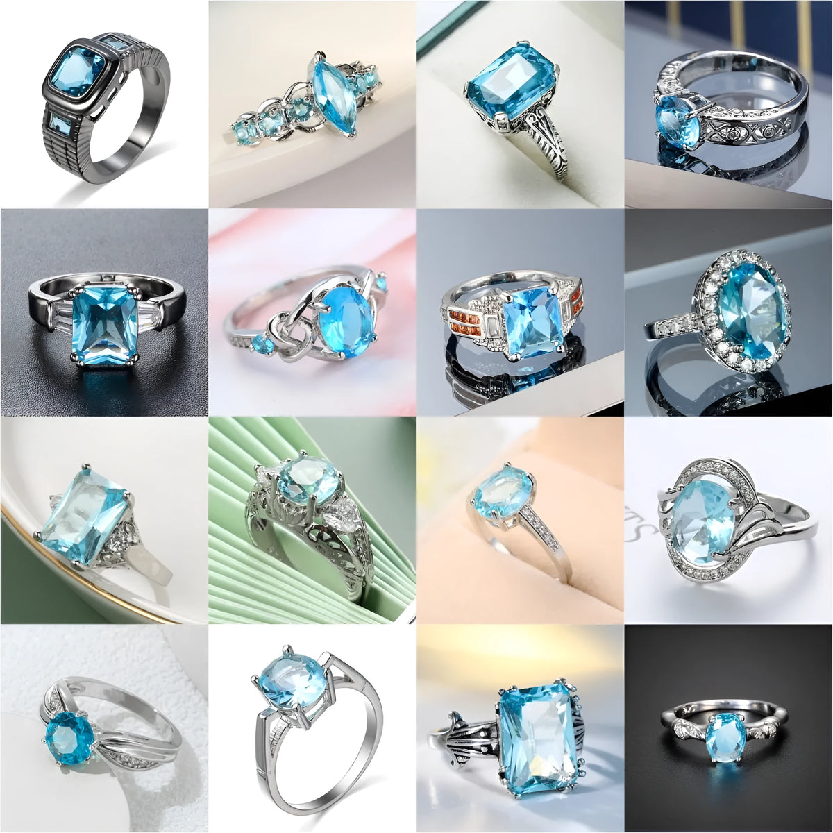 Ocean blue zircon copper ring in simple geometric women's style, sizes 6 to 10