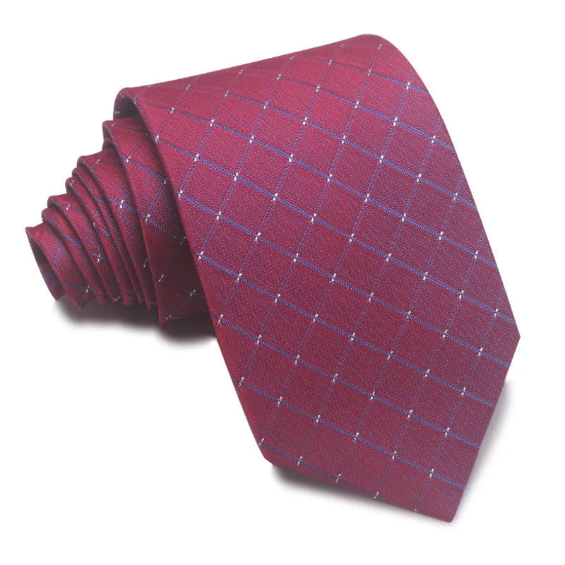 A man's striped formal tie in an arrow style, showing the jacquard texture and width of 7-8 cm.