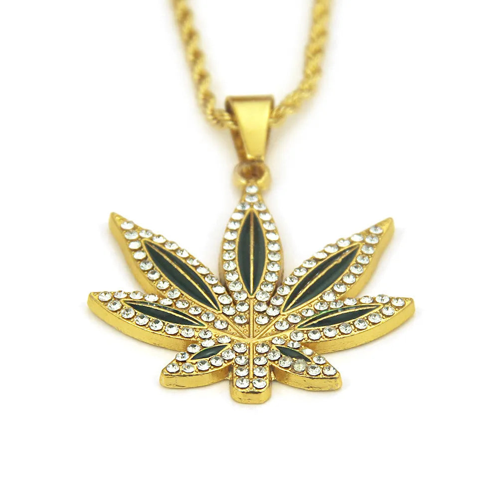 Alloy men's punk hip hop diamond-embedded maple leaves pendant necklace with rhinestone metal chain