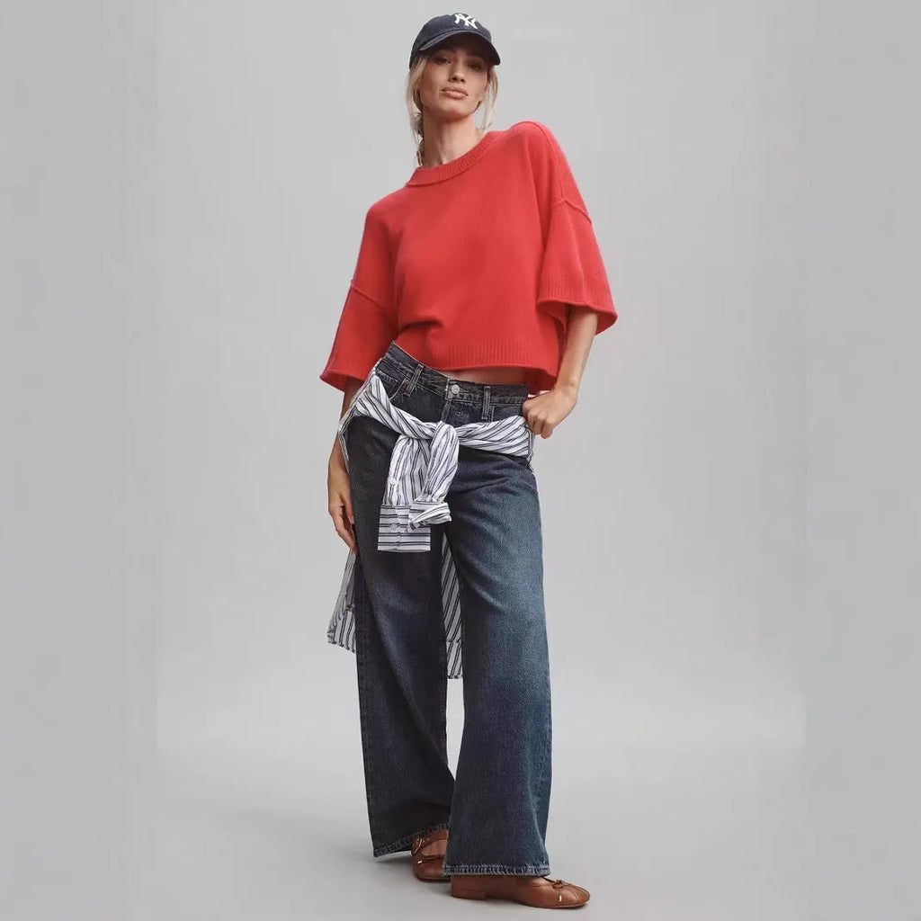 Red or white women's short sleeve crop top T-shirt made from viscose fibre.