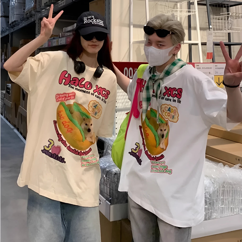 Cartoon hamburger dog printed loose cotton T-shirt in white, apricot, or sky blue