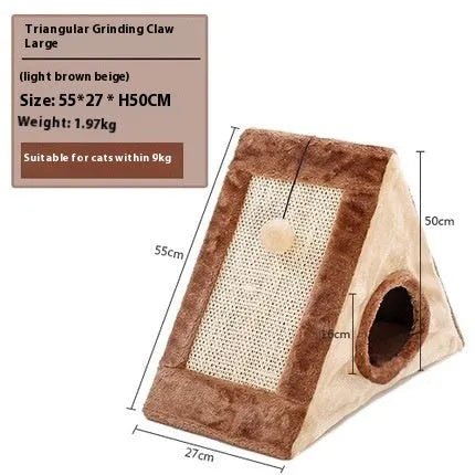 Triangular cat bed with integrated sisal scratching panels in grey and white colour scheme